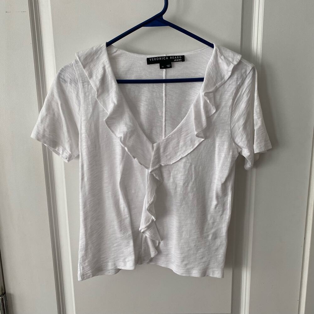 Veronica Beard Rosalind Ruffle-Trimmed Slub XS Pima Cotton White V Neck Tee